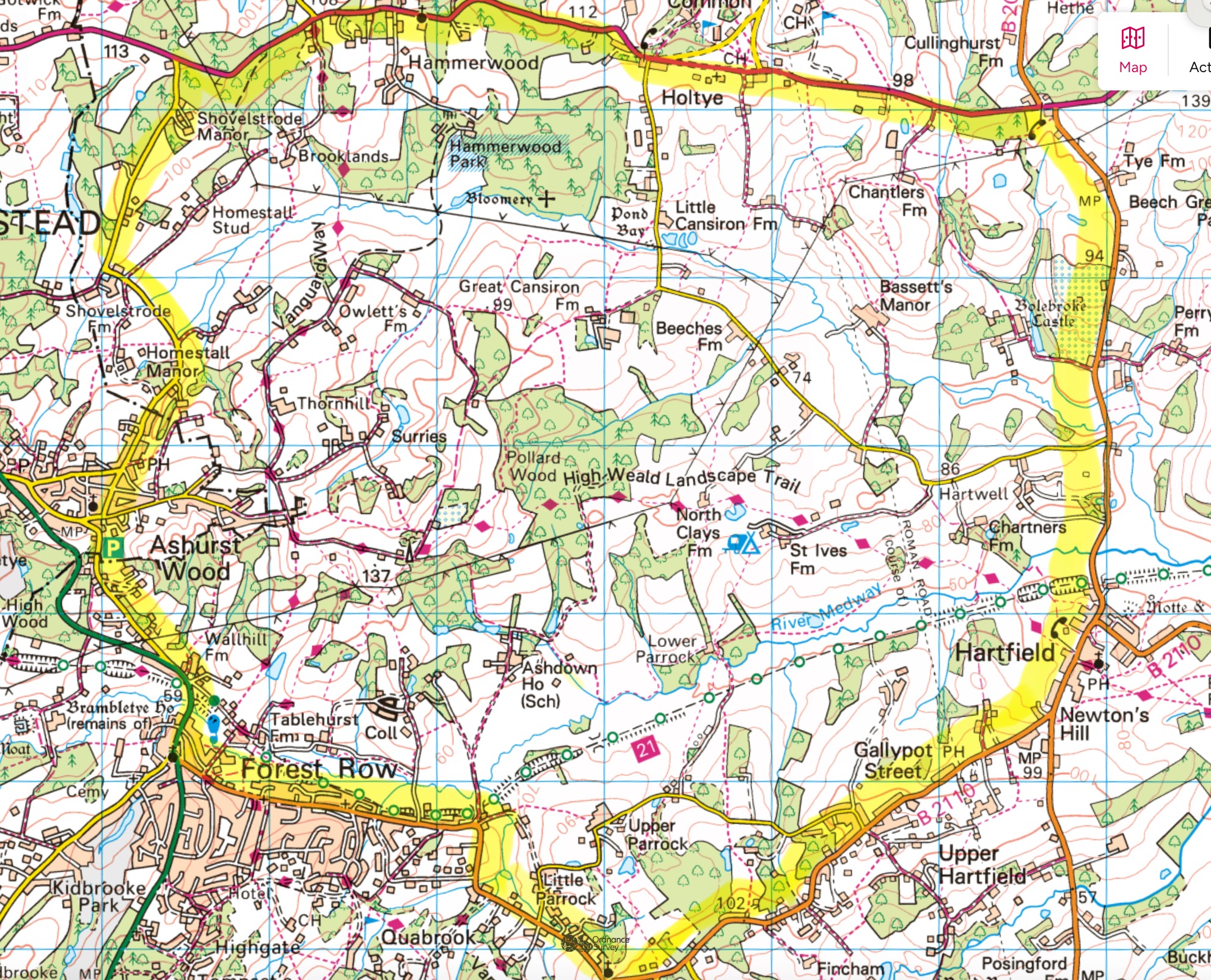 Map of the Upper Medway catchment showing the area the Land Stewards Cluster covers, with member holdings marked.